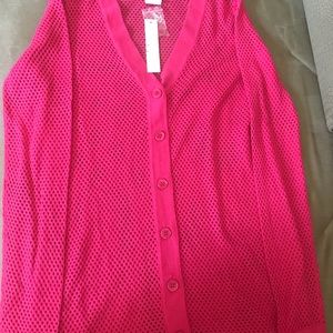 Sweet Romeo Bright Pink Open-Knit Button Sleeveless Cardigan